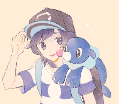 1boy :p baseball_cap black_eyes black_hair black_hat blue_fur blue_shirt bright_pupils elio_(pokemon) gen_7_pokemon hat looking_at_another lowres male_focus nintendo pokemon pokemon_(creature) pokemon_sm popplio ryokuno_green sea_lion shirt short_hair short_sleeves simple_background striped_clothes striped_shirt tongue tongue_out upper_body white_pupils yellow_background