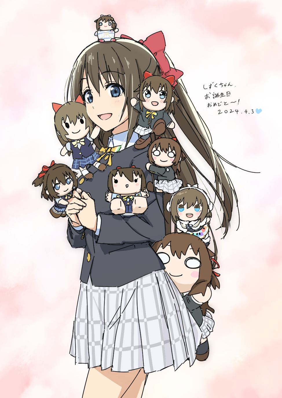 4girls :d black_jacket blue_eyes blush_stickers bow brown_hair character_doll closed_mouth collared_shirt colorful_dreams!_colorful_smiles!_(love_live!) commentary_request cowboy_shot dated doll_on_head dress_shirt hair_bow half_updo highres jacket kasumin_box long_hair long_sleeves looking_at_viewer love_live! love_live!_nijigasaki_high_school_idol_club mini_person minigirl miniskirt mochidoru_(plush) multiple_girls multiple_persona neck_ribbon nesoberi nijigasaki_school_uniform open_mouth osaka_shizuku person_on_shoulder pink_background plaid_clothes plaid_skirt pleated_skirt ponytail red_bow ribbon sakakibara_taiga school_uniform shirt skirt smile solid_oval_eyes standing stuffed_toy translation_request white_shirt white_skirt wide_oval_eyes winter_uniform yellow_ribbon