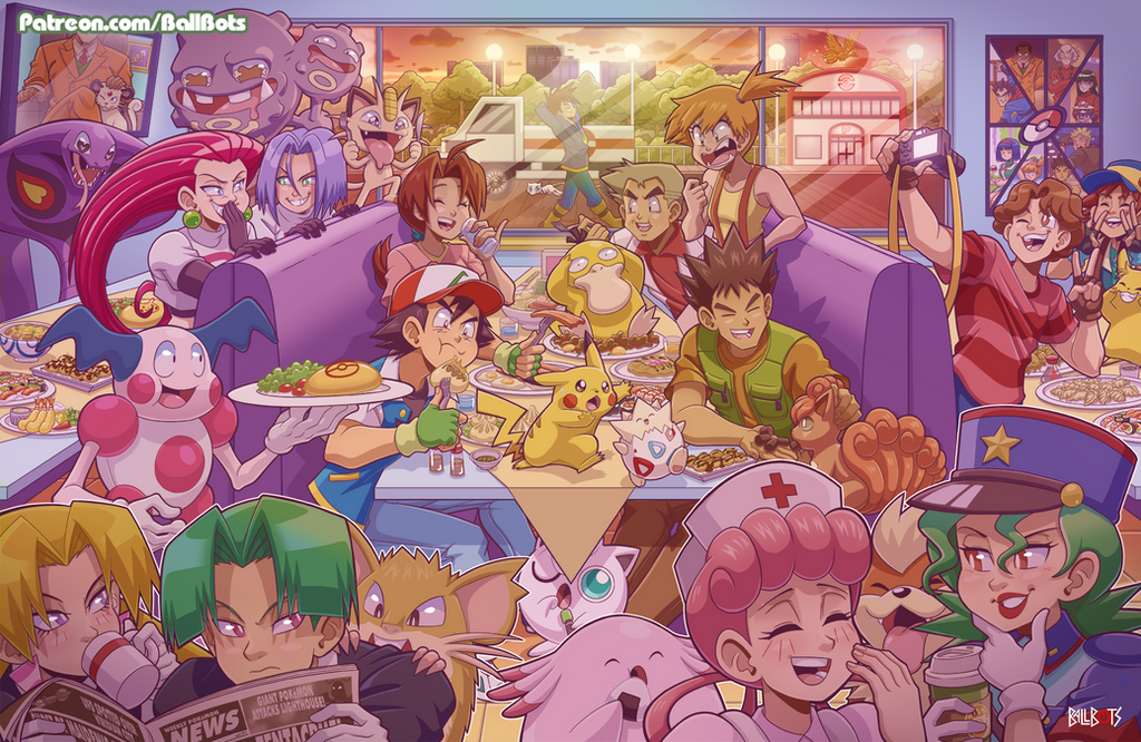 arbok ash_ketchum bacon blaine_(pokemon) blonde_hair booth_seating brock_(pokemon) brown_eyes brown_hair butch_(pokemon) cassidy_(pokemon) chansey cup curry curry_rice delia_ketchum disposable_cup dumpling egg erika_(pokemon) food fork gary_oak gen_1_pokemon gen_2_pokemon giovanni_(pokemon) green_hair growlithe hat james_(pokemon) jenny_(pokemon) jessie_(pokemon) jigglypuff joy_(pokemon) knife koga_(pokemon) legendary_pokemon long_hair meowth mew_(pokemon) misty_(pokemon) motor_vehicle mr._mime mythical_pokemon newspaper nintendo nurse_cap omelet omurice palearaptor pepper_(spice) pepper_shaker persian pikachu pink_hair pokemon pokemon_(anime) pokemon_(classic_anime) police police_uniform psyduck purple_eyes purple_hair raticate red_hair restaurant rice ritchie_(pokemon) sabrina_(pokemon) salt professor_oak shrimp shrimp_tempura side_ponytail sparky_(pokemon) spoon sunset surge_(pokemon) tempura todd_snap togepi truck vulpix weezing