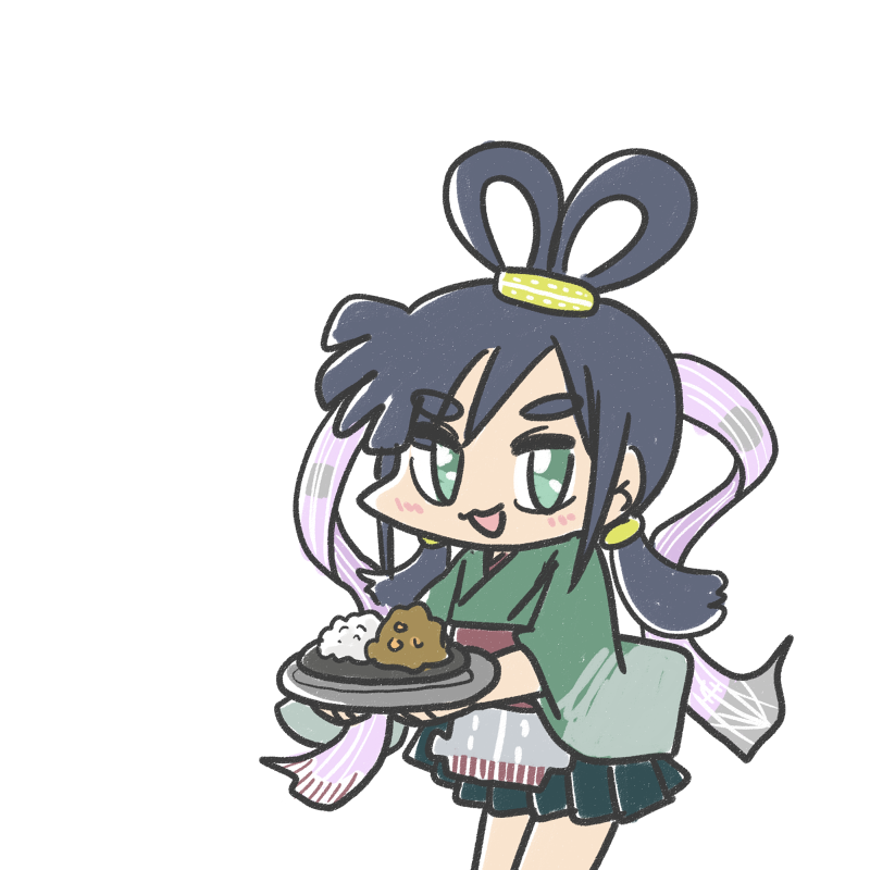 1girl :3 adapted_costume apron black_hair blue_hakama cosplay cowboy_shot curry curry_rice ferret-san flight_deck food green_eyes green_kimono hagoromo hair_rings hakama hakama_skirt japanese_clothes kantai_collection kimono orihime_(tanabata) orihime_(tanabata)_(cosplay) rice shawl simple_background skirt smile solo souryuu_(kancolle) tanabata thick_eyebrows white_background