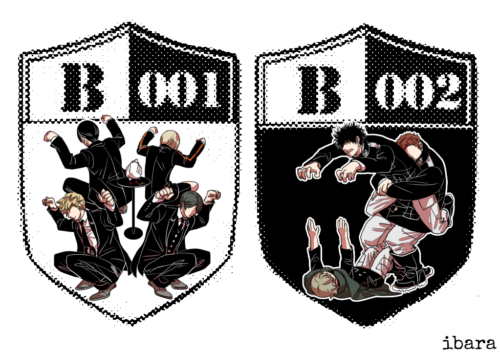 10s 1girl 6+boys animal artist_name asmita back badge bird black_footwear black_hair black_jacket black_necktie black_pants black_vest blonde_hair blouse boots brown_hair cape carrying claw_pose clenched_hands clenched_teeth closed_mouth collared_shirt commentary_request dress_shirt ema_yuzuru emblem formal_clothes frown full_body green_hair grey_footwear grey_pants hands_up hiyami_aki hug hug_from_behind inukai_sumiharu jacket kageura_masato kitazoe_hiro long_sleeves lying messy_hair multiple_boys necktie ninomiya_masataka no_eyes on_back outstretched_arms pants pants_tucked_in pencil_skirt pocket red_hair shirt shoes short_hair skirt smile spiked_hair squatting suit table teeth tsuji_shinnosuke uniform vest white_background white_shirt world_trigger