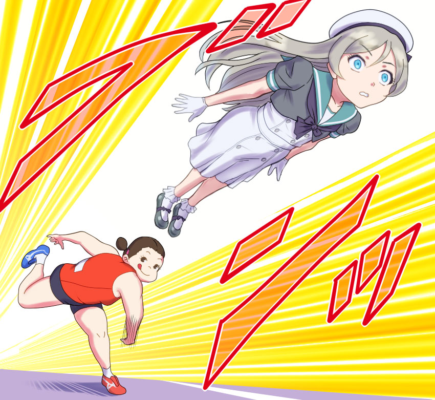 2girls black_neckerchief blue_eyes blue_sailor_collar dress gloves grappler_baki grey_hair hat javelin_(kancolle) kantai_collection long_hair loose_hair_strand mary_janes mitarashi_dingo multiple_girls neckerchief pun sailor_collar sailor_dress sailor_hat shoes short_sleeves throwing throwing_person white_dress white_gloves white_hat