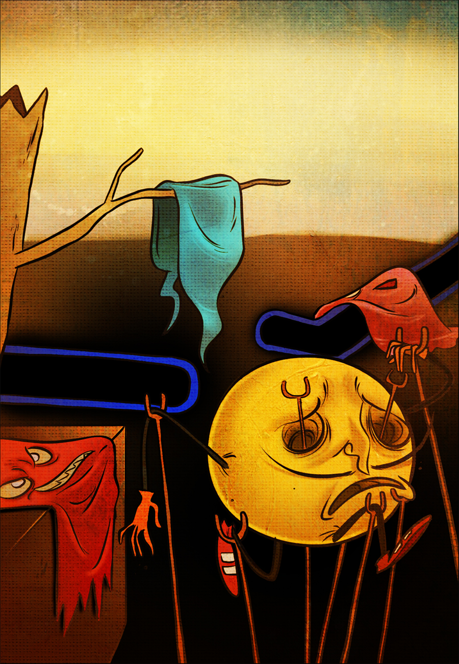bare_tree blinky_(pac-man) facial_hair fine_art_parody frown gloves highres inky_(pac-man) mike_krahulik mustache namco no_humans pac-man pac-man_(game) parody pinky_(pacman) salvador_dali sharp_teeth shoes soft_self-portrait_with_fried_bacon style_parody teeth the_persistence_of_memory tree