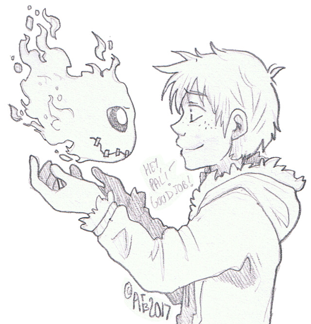 digimon digimon_(creature) fire happy looking_at_another original petimeramon smile traditional_media