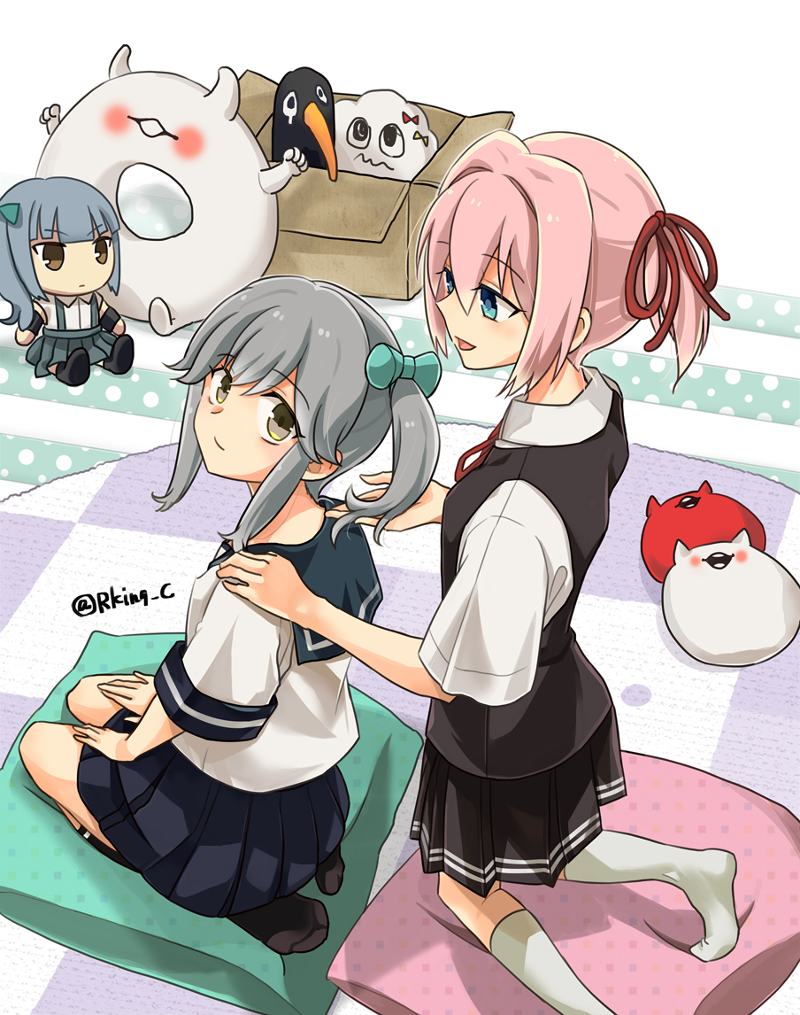 2girls abyssal_ship black_skirt black_socks black_vest blue_eyes blue_sailor_collar blue_skirt box brown_eyes cardboard_box character_doll cushion doll dress_shirt enemy_lifebuoy_(kancolle) failure_penguin grey_hair hair_ornament hair_ornament_switch hair_ribbon kantai_collection kasumi_(kancolle) kneeling long_hair miss_cloud multiple_girls neck_ribbon pink_hair pleated_skirt ponytail r-king red_ribbon ribbon sailor_collar school_uniform seiza serafuku shiranui_(kancolle) shirt short_hair short_sleeves sitting skirt socks usugumo_(kancolle) vest white_shirt white_socks zabuton