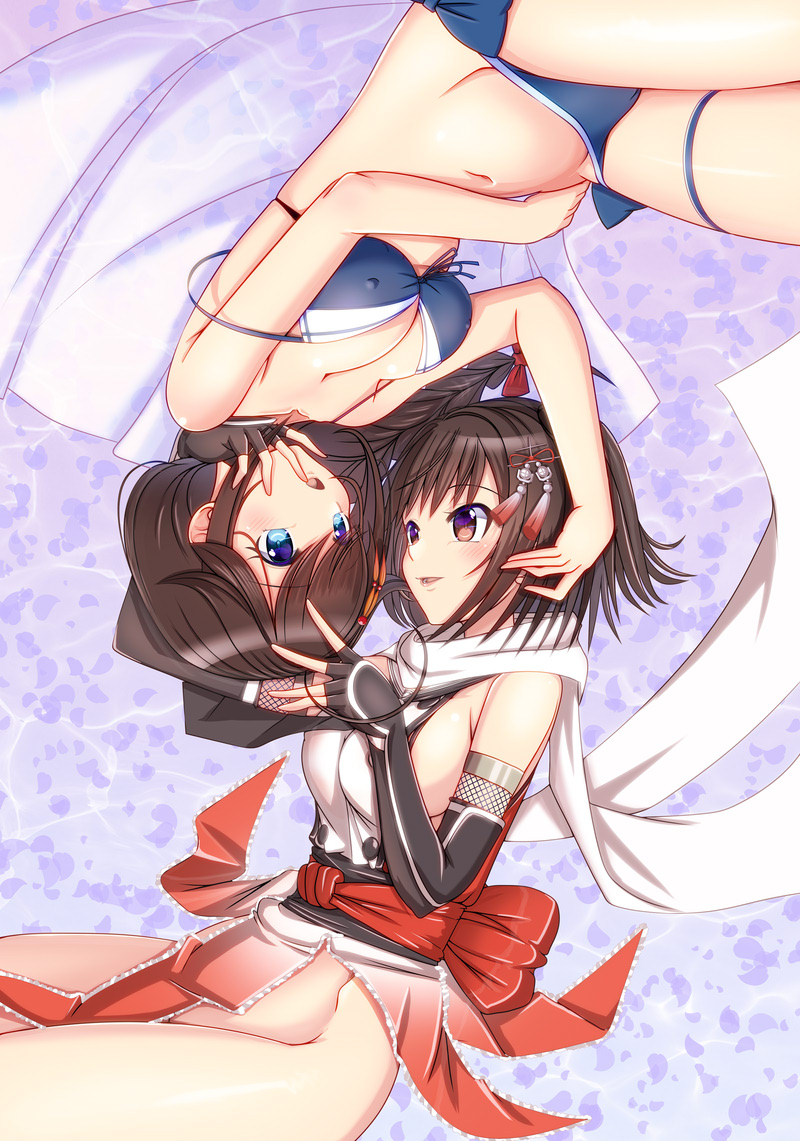2girls 69 adapted_costume bikini blue_bikini blue_eyes braid brown_eyes commentary_request covered_erect_nipples elbow_gloves eye_contact fingerless_gloves front-tie_bikini_top front-tie_top gloves hair_flaps kantai_collection loincloth long_hair looking_at_another moke_ro multiple_girls official_alternate_costume scarf sendai_(kancolle) sendai_kai_ni_(kancolle) shigure_(kancolle) shigure_kai_san_(kancolle) shigure_kai_san_(swimsuit)_(kancolle) single_braid strap_slip swimsuit two_side_up white_scarf yuri