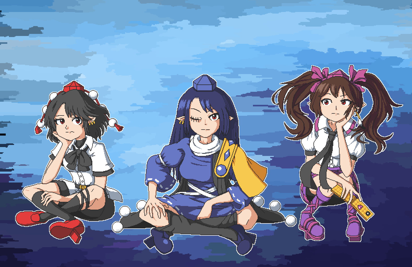 3girls aksawshin armor black_hair blue_dress blue_hair bow bowtie brown_hair camera_phone cellphone checkered_clothes checkered_skirt coat dark_blue_hair dress ear_piercing flip_phone geta hair_between_eyes hat himekaidou_hatate iizunamaru_megumu long_hair long_sleeves looking_at_another looking_at_viewer multiple_girls necktie one_eye_closed pauldrons phone piercing pixel_art pointy_ears pom_pom_(clothes) purple_hat raised_eyebrow red_eyes red_hat shameimaru_aya short_hair short_sleeves shoulder_armor shoulder_guard single_pauldron skirt sleeveless sleeveless_coat tengu tengu-geta tokin_hat touhou twintails