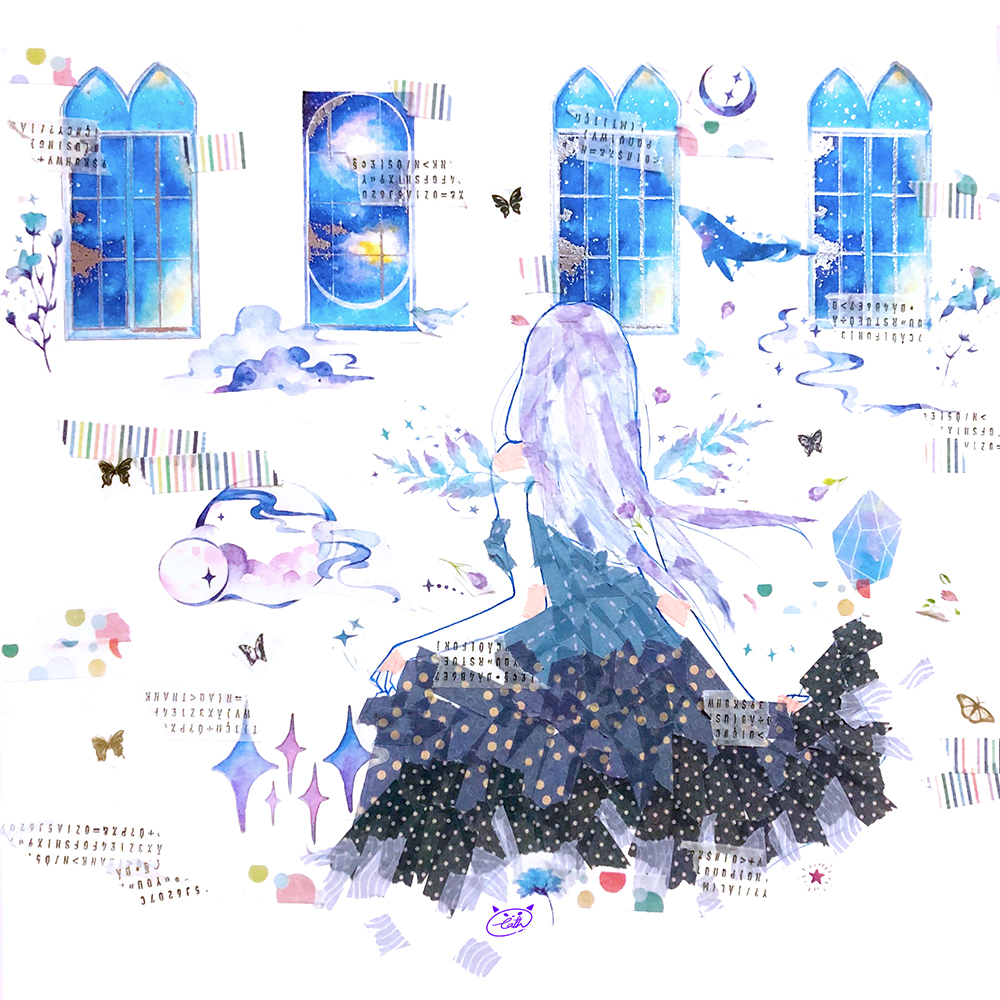 1girl abstract bare_arms bare_shoulders black_dress blue_dress blue_flower blue_hair blue_theme bug butterfly cathinthecloud cloud commentary dress english_commentary facing_away flower insect long_hair masking_tape_(medium) mixed_media original plant plant_wings signature skirt_hold sleeveless sleeveless_dress solo sparkle traditional_media unconventional_media white_background window wings