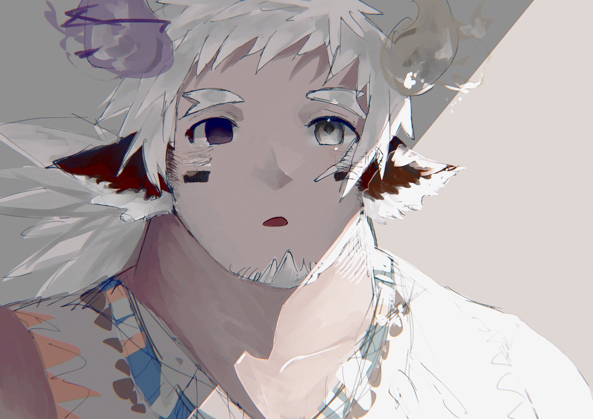 1boy animal_ears asymmetrical_horns bad_id bad_twitter_id bara cow_boy cow_ears cow_horns empty_eyes eye_black facial_hair feather_necklace fiery_horns forked_eyebrows glowing_horns goatee heterochromia highres horns jewelry kauri097 light male_focus mismatched_horns mismatched_pupils necklace portrait shadow short_hair sideburns_stubble solo spiked_hair split_theme stubble thick_eyebrows thick_neck tokyo_houkago_summoners transformation tribal wakan_tanka wakan_tanka_mugen