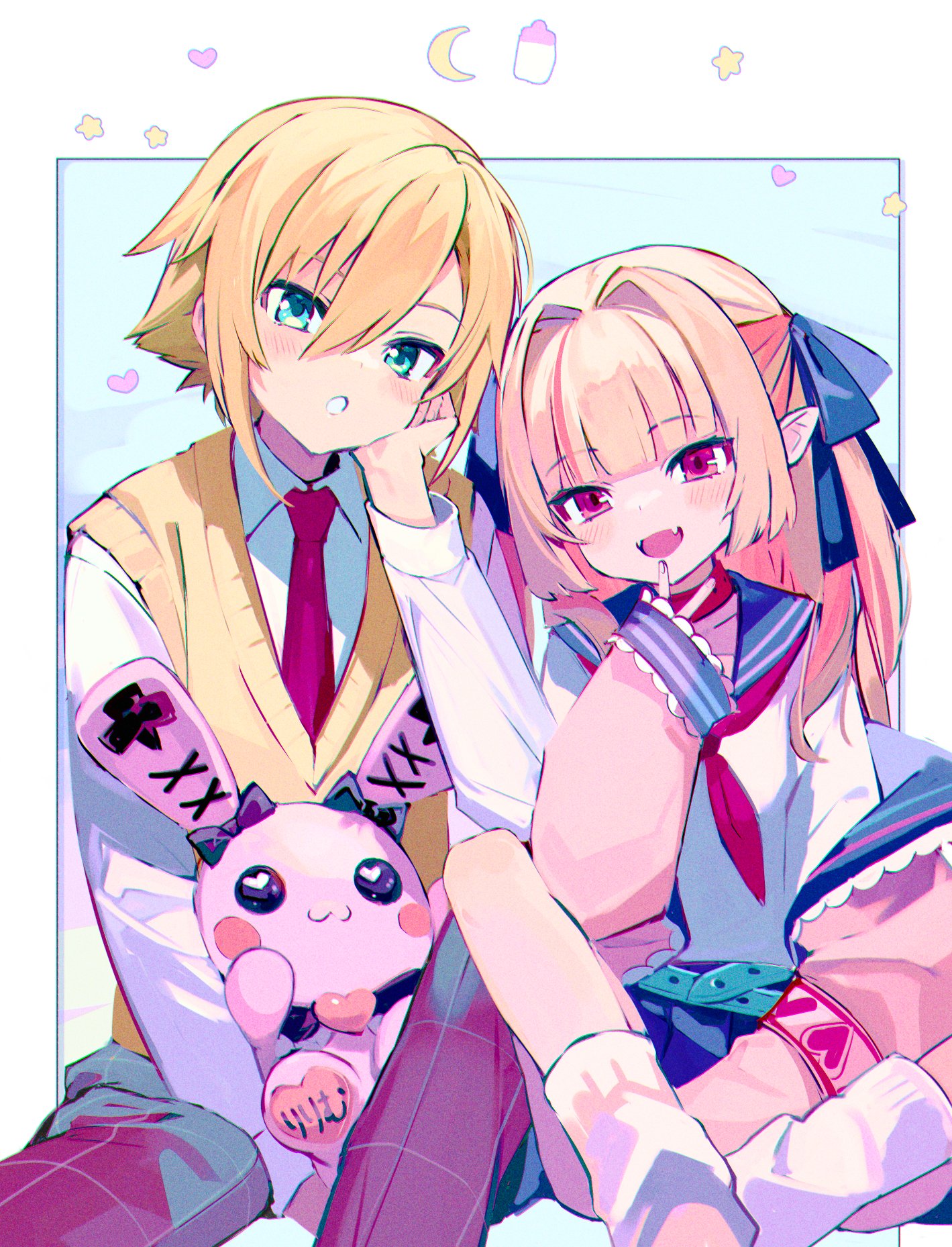 1boy 1girl belt blonde_hair blue_eyes blue_sailor_collar blue_skirt blunt_bangs brown_hair checkered_clothes checkered_pants collared_shirt fangs fuubuu hair_between_eyes hair_intakes hair_ribbon highres jacket long_sleeves looking_at_viewer makaino_ririmu makaino_ririmu_(4th_costume) multicolored_hair neckerchief nijisanji off_shoulder open_mouth pants parted_lips pink_eyes pink_hair pink_jacket pleated_skirt pointy_ears red_neckerchief ribbon sailor_collar school_uniform serafuku shirt short_hair skin_fangs skirt sleeves_past_wrists smile socks streaked_hair stuffed_animal stuffed_rabbit stuffed_toy teeth two-tone_hair two_side_up uzuki_kou uzuki_kou_(3rd_costume) vest virtual_youtuber white_socks