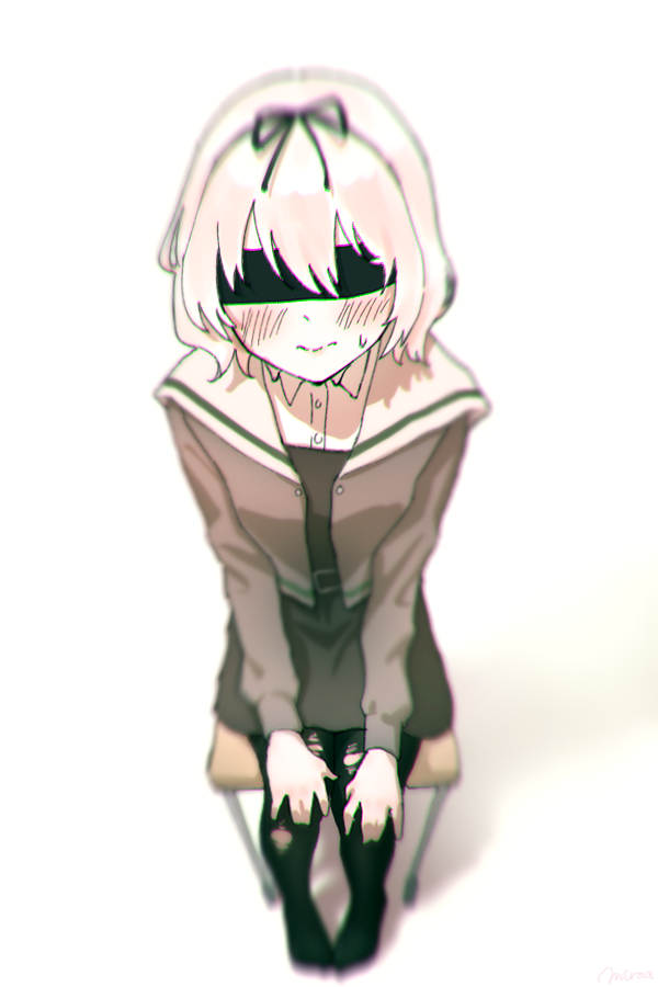 1girl black_bow black_dress black_pantyhose blindfold blush bow cardigan chair closed_mouth collared_shirt dress grey_cardigan grey_hair hair_bow hanamura_hinako kitanai_kimi_ga_ichiban_kawaii leedaru1 long_sleeves nervous nervous_sweating on_chair pantyhose shirt short_hair simple_background solo sweat torn_clothes torn_pantyhose white_background white_shirt