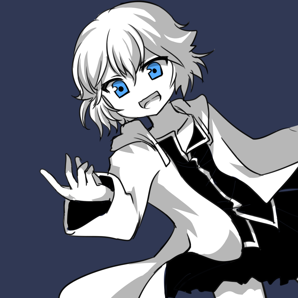 1other androgynous anmita_(rarutos) blue_background blue_eyes coat commentary_request cowboy_shot dutch_angle hand_up hood hood_down hooded_coat len&#039;en long_sleeves miniskirt no_nose open_clothes open_coat open_mouth other_focus shirt shitodo_hoojiro shitodo_hoojiro_(anmita) short_hair simple_background sketch skirt solo spot_color
