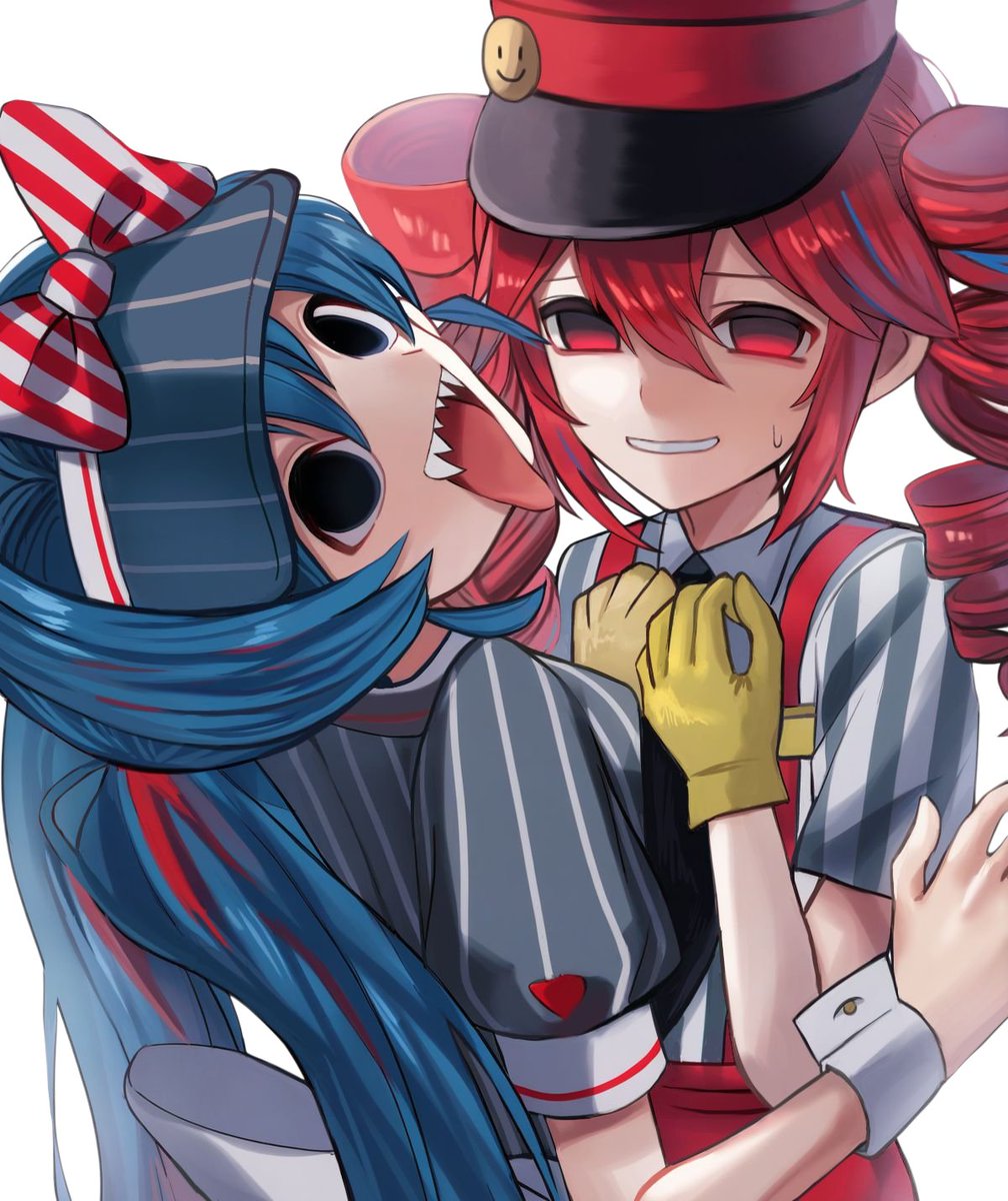 2girls alternate_costume back_bow black_eyes black_necktie blue_dress blue_hair blue_hat bow collared_shirt dress grin hair_between_eyes hands_up hat hat_bow hatsune_miku highres kasane_teto kepi looking_at_viewer looking_back mesmerizer_(vocaloid) military_hat multiple_girls necktie open_mouth pants pinstripe_dress pinstripe_hat pinstripe_pattern red_bow red_eyes red_hair red_hat red_pants sharp_teeth shirt short_sleeves simple_background smile smiley_hat_ornament solid_circle_eyes striped_bow suspenders sweatdrop teeth tongue twintails two-tone_bow upper_teeth_only utau visor_cap vocaloid white_background white_bow white_wrist_cuffs wing_collar wrist_cuffs zero_(sleepy_meltan)