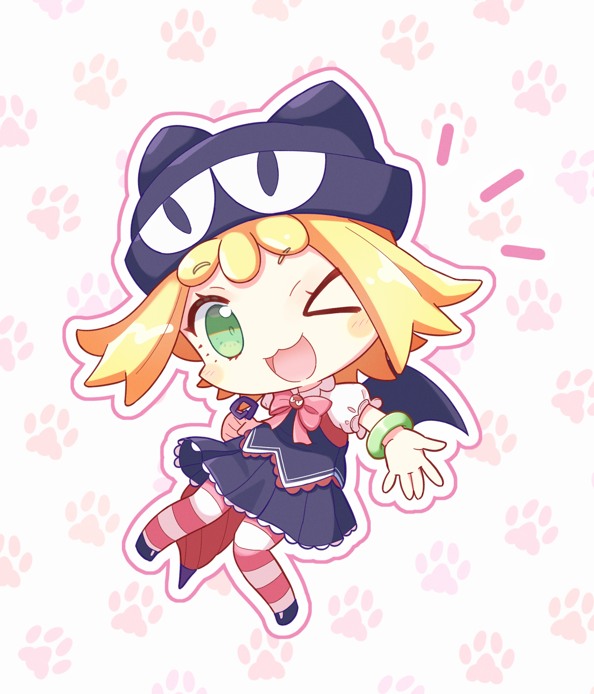 >_o 1girl :3 amitie_(puyopuyo) amitie_(stylish)_(puyopuyo) animal_hat bat_wings black_skirt blonde_hair blush_stickers bow bracelet cat_hat chibi closed_umbrella full_body green_eyes hat highres holding holding_umbrella jazz_grace jewelry looking_at_viewer one_eye_closed open_mouth pantyhose paw_print pink_bow puyo_(puyopuyo) puyopuyo puyopuyo_fever puyopuyo_quest short_hair skirt solo striped_clothes striped_pantyhose umbrella wings