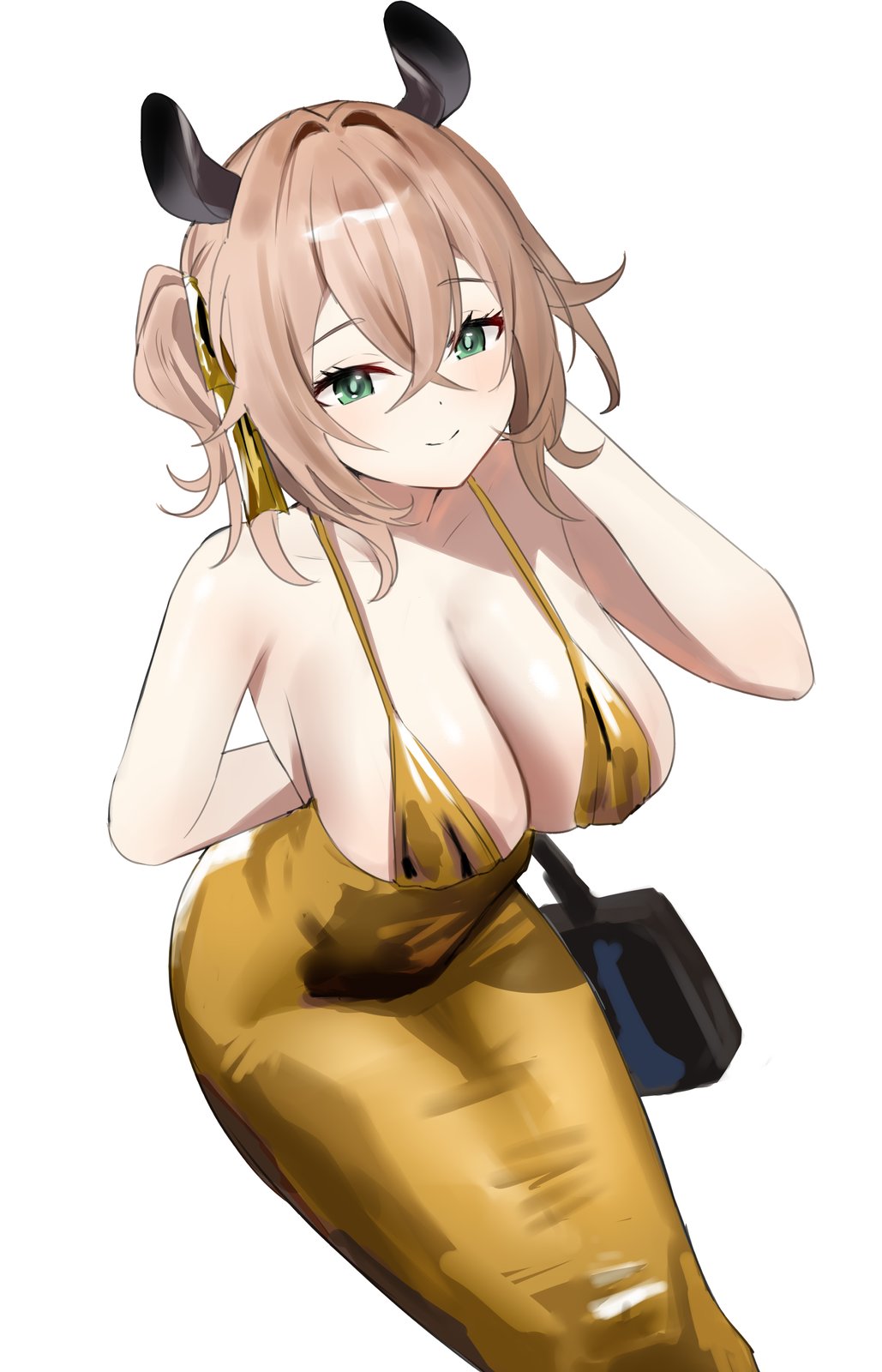 1girl animal_ears bare_shoulders bent_over breasts brown_hair cleavage cowboy_shot gold_dress golden_week green_eyes grey_background highres indie_virtual_youtuber large_breasts nimi_nightmare redi_(rasec_asdjh) simple_background solo spaghetti_strap virtual_youtuber