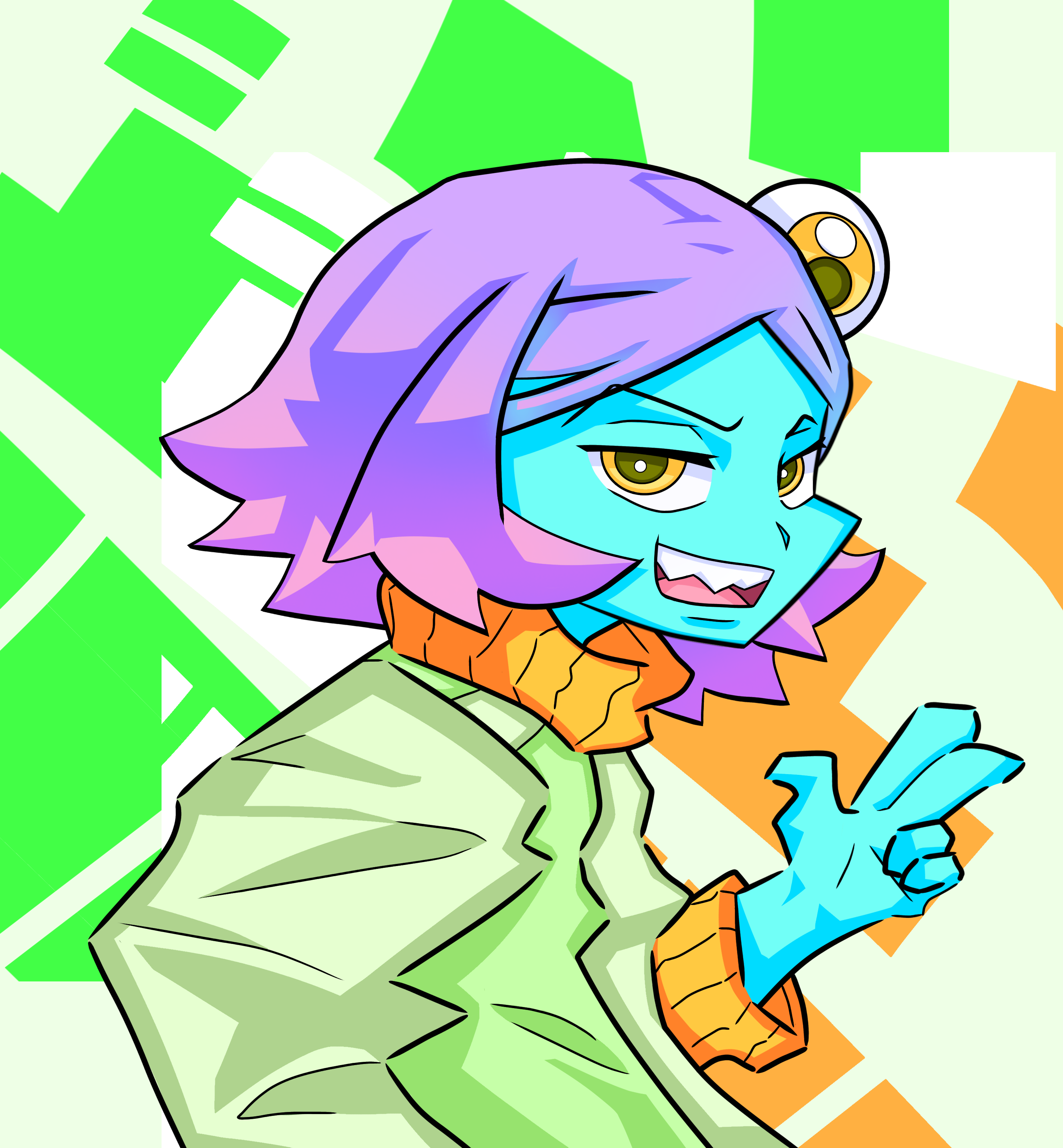 1girl absurdres blue_skin colored_skin highres midori_(uchuu_patrol_luluco) open_mouth purple_hair self-upload sharp_teeth short_hair solo teeth third_eye turtleneck uchuu_patrol_luluco upper_body yellow_eyes