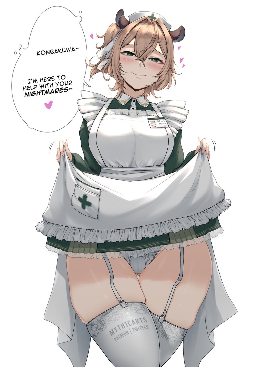 1girl animal_ears apron blush breasts brown_hair clothes_lift collared_dress commentary contrast_collar crossed_bangs dress english_commentary english_text frilled_apron frills garter_straps gluteal_fold green_dress green_eyes hair_ribbon hat heart highres id_card indie_virtual_youtuber light_smile long_sleeves looking_at_viewer maid_apron medium_hair myth1carts naughty_face nimi_nightmare nurse_cap one_side_up panties ribbon simple_background skindentation skirt skirt_lift solo speech_bubble tapir_ears tapir_girl thick_thighs thighhighs thighs twitter_username underwear virtual_youtuber waist_bag white_apron white_background white_panties white_thighhighs