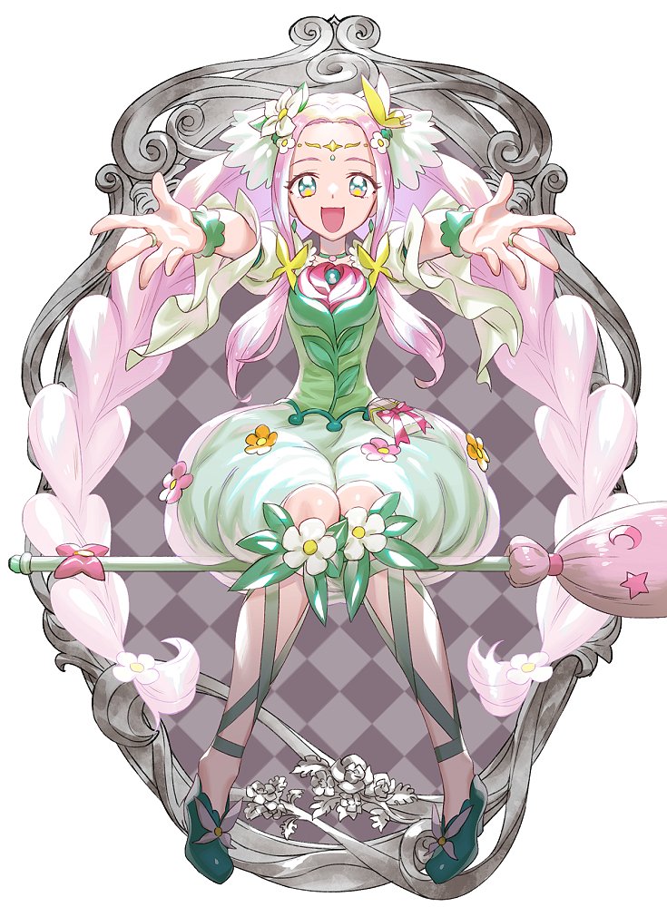 1girl :d arms_up braid broom broom_riding butterfly_hair_ornament cure_felice flats flower flower-shaped_pupils green_eyes hair_flower hair_ornament jewelry long_hair looking_at_viewer mahou_girls_precure! mirror murakami_hisashi open_mouth pink_flower pink_hair precure smile symbol-shaped_pupils twin_braids wrist_cuffs