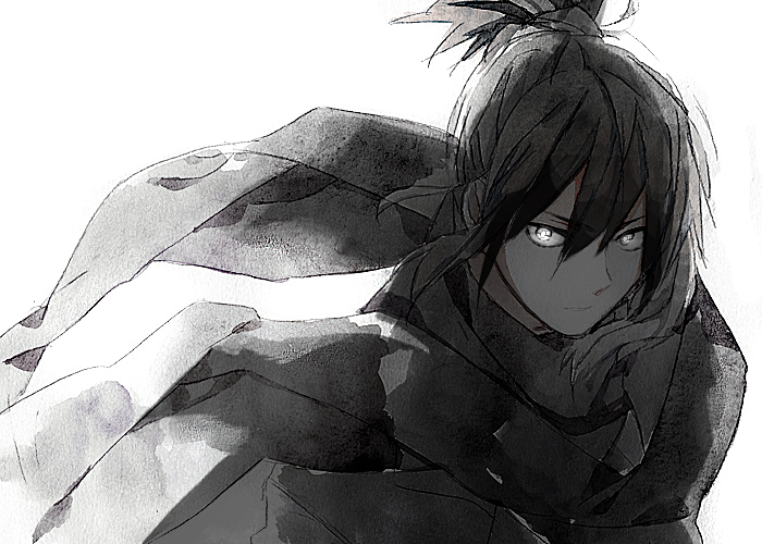 1boy bright_pupils closed_mouth commentary_request cowboy_shot expressionless floating_neckwear gomas greyscale hair_between_eyes leaning_forward long_sleeves looking_at_viewer male_focus monochrome nezumi_(no.6) no.6 ponytail scarf shirt short_hair short_ponytail simple_background solo white_background