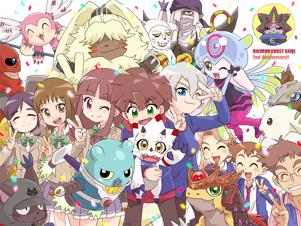 4girls 6+boys amanokawa_hiro amanokawa_hokuto angoramon armor bakumon bandaged_arm bandages belt betsumon blacktailmon_uver. blue_eyes blush cape clockmon digimon digimon_(creature) digimon_ghost_game dinosaur_boy dragon espimon fukatsu_riko gammamon gulusgammamon happy higashimitarai_kiyoshiro jellyfish_girl jellymon kashiwagi_mika long_hair looking_at_viewer monster_girl multiple_boys multiple_girls mummymon nomura_kotaro one_eye_closed open_mouth picklemon rabbit ryudamon school_uniform short_hair tentacle_hair tentacles terriermon_assistant triceratops tsukiyono_ruli udagawa_aoi v very_long_hair white_hair wink
