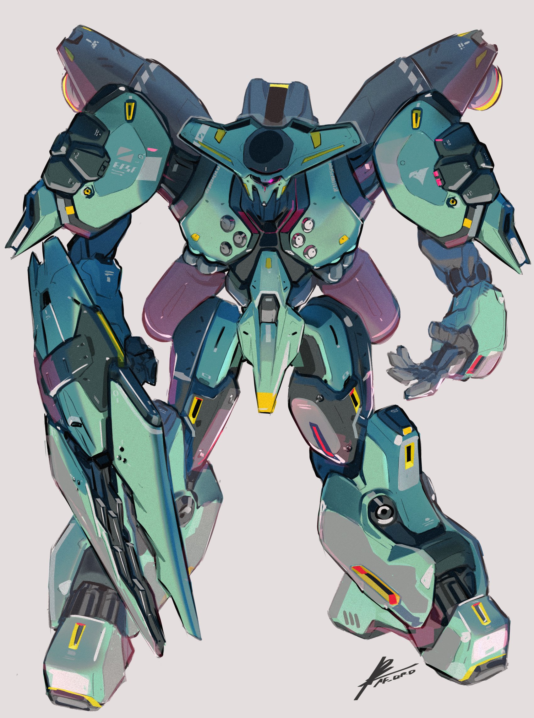 afukuro beige_background bolinoak_sammahn clenched_hand gundam highres leaning_forward looking_at_viewer mecha one-eyed open_hand pink_eyes robot science_fiction shield solo thrusters zeta_gundam
