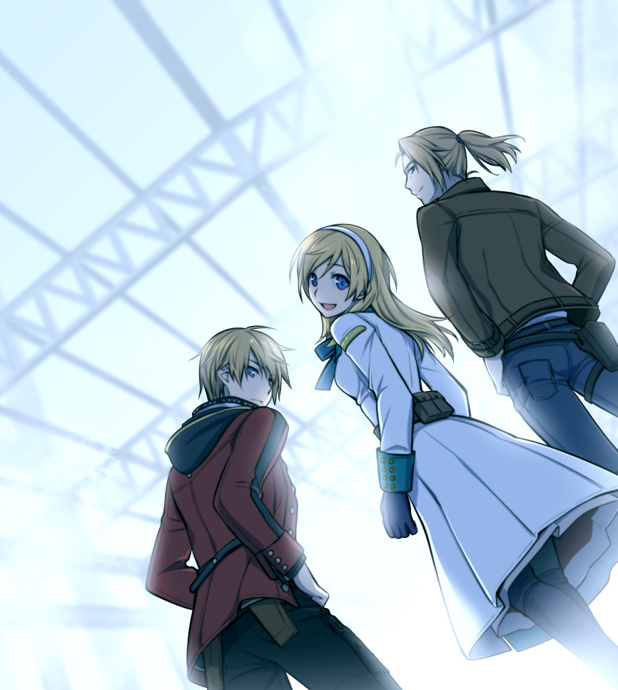 1girl 2boys belt botamochi_usagi brown_jacket dress end_of_eternity jacket light_smile multiple_boys ponytail reanbell red_jacket smile vashyron white_dress zephyr_(end_of_eternity)