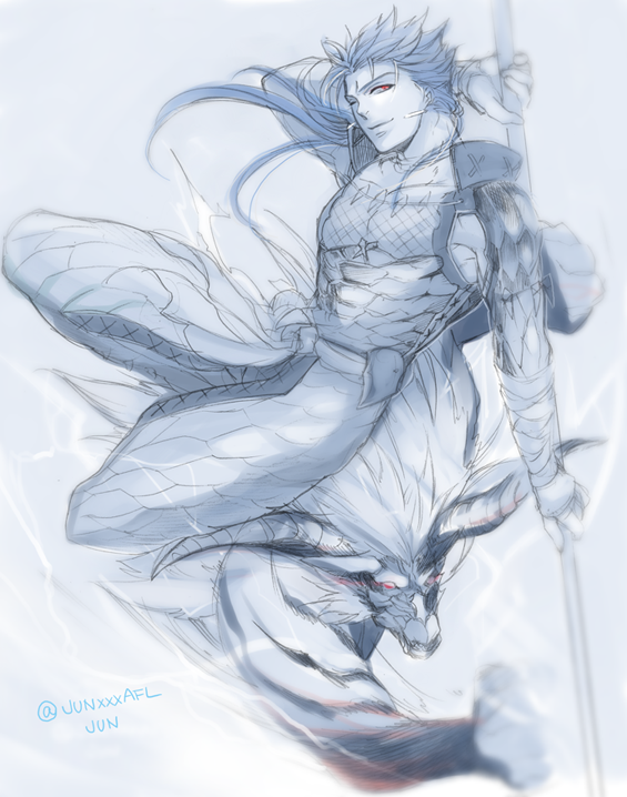 1boy alternate_costume beast cu_chulainn_(fate) cu_chulainn_(fate/stay_night) earrings fate/stay_night fate_(series) fishnets gae_bolg_(fate) horns jewelry jun_(ash) male_focus necklace solo tooth_necklace