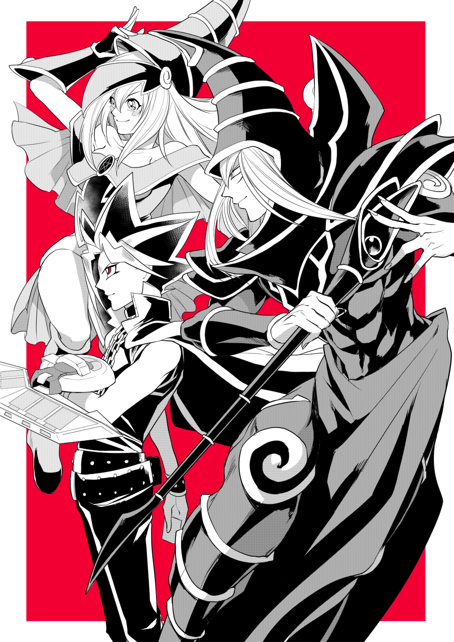 1girl 2boys ahiru-kmo armor belt black_choker chain choker dark_magician dark_magician_girl duel_disk from_side hat highres holding holding_staff long_hair multiple_boys pants red_background simple_background smile staff wizard_hat yami_yugi yu-gi-oh!