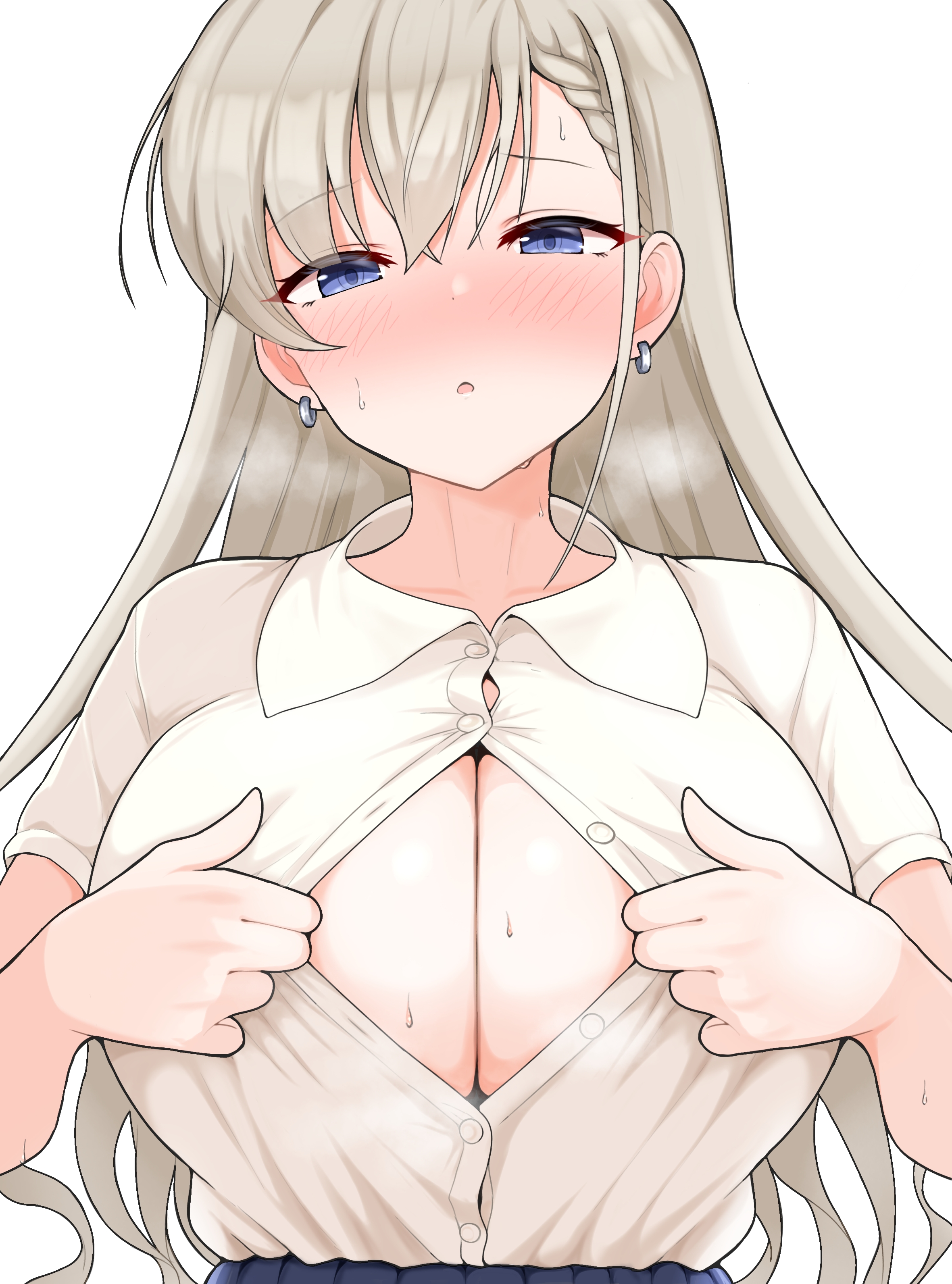1girl absurdres blue_eyes blush braid breasts cleavage_cutout clothing_cutout collared_shirt earrings grey_hair highres hisakawa_hayate idolmaster idolmaster_cinderella_girls jewelry large_breasts long_hair looking_at_viewer paizuri_invitation raindrop746079 shirt simple_background solo sweat white_background white_shirt