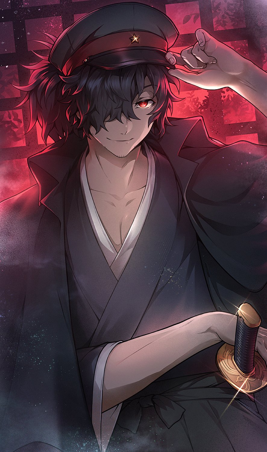 1boy black_hair black_hakama black_kimono closed_mouth commentary_request facial_hair fate/grand_order fate/type_redline fate_(series) hair_over_one_eye hakama hat highres honi_(ohohoni) jacket jacket_on_shoulders japanese_clothes katana kimono koha-ace light_particles long_hair long_sleeves looking_at_viewer male_focus no_scarf okada_izou_(fate) police_hat ponytail red_eyes smile solo star_(symbol) sword upper_body weapon