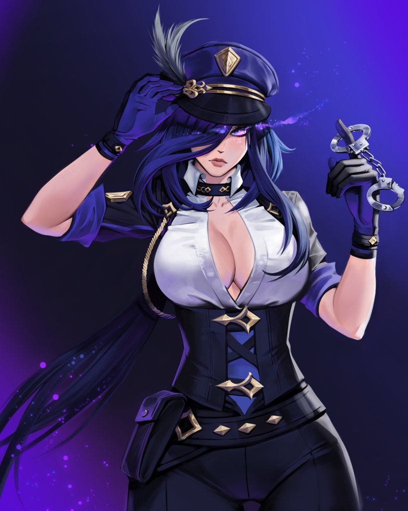 1girl adapted_costume alternate_costume belt belt_pouch black_background black_belt black_corset black_gloves blue_hair blue_hat breasts cleavage clorinde_(genshin_impact) commentary corset cuffs dark_blue_hair english_commentary genshin_impact gloves glowing glowing_eyes gradient_background hair_over_one_eye hand_on_headwear handcuffs hat hat_feather holding holding_handcuffs large_breasts lips long_hair lunart open_clothes open_shirt police_hat pouch purple_background purple_eyes purple_gloves shirt shirt_tucked_in two-tone_gloves very_long_hair white_shirt