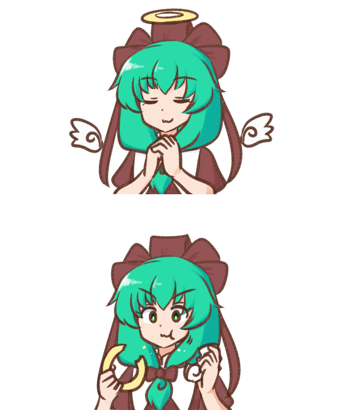 1girl :3 bow brown_bow brown_ribbon chewing closed_eyes closed_mouth commentary_request detached_wings dot_nose food green_eyes green_hair hair_bow hair_ribbon halo holding holding_food kagiyama_hina looking_at_viewer medium_hair mizusoba own_hands_together partial_commentary praying ribbon short_sleeves simple_background smile touhou traditional_halo white_background white_wings wings yellow_halo