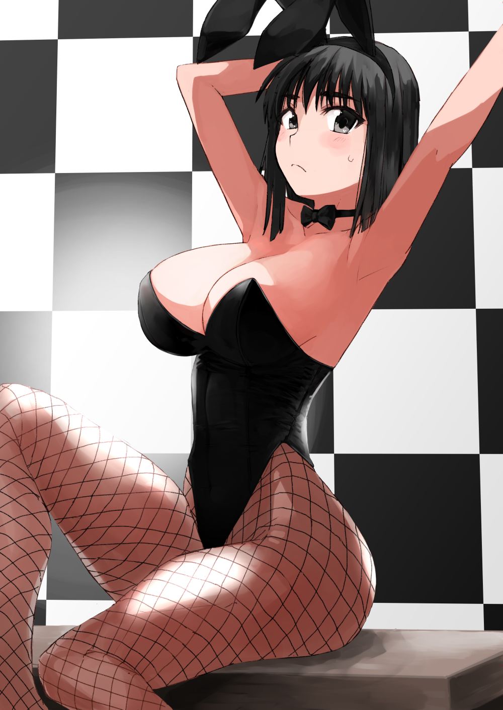 1girl animal_ears armpits arms_up black_eyes black_hair black_leotard black_neckwear breasts brown_pantyhose checkered_background cleavage commentary_request cosaten cowboy_shot fake_animal_ears fishnet_pantyhose fishnets highres large_breasts leotard looking_at_viewer pantyhose playboy_bunny rabbit_ears rabbit_girl rabbit_tail school_rumble short_hair sitting solo strapless strapless_leotard suou_mikoto_(school_rumble) table tail wrist_cuffs