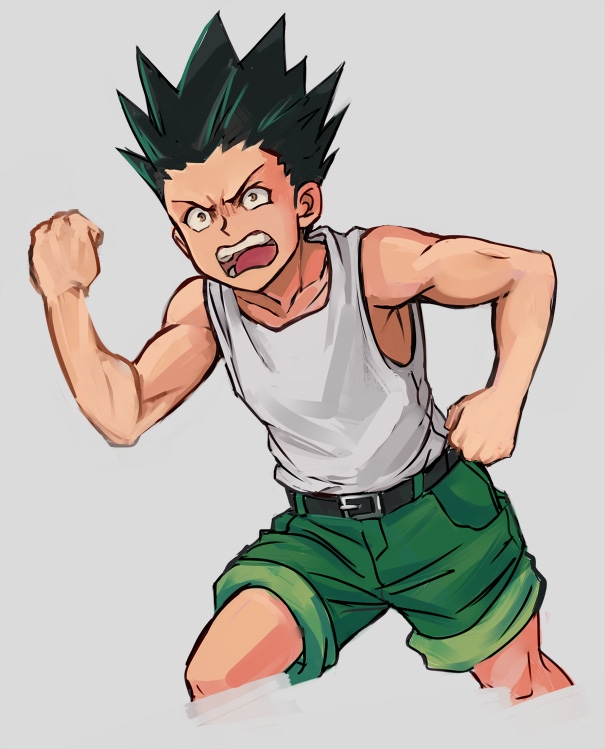 1boy belt black_belt black_hair clenched_hands commentary_request cropped_legs furrowed_brow gon_freecss green_shorts hunter_x_hunter male_focus open_mouth russian_commentary shorts solo spiked_hair tank_top toned toned_male vasiliy-plumber white_tank_top yellow_eyes