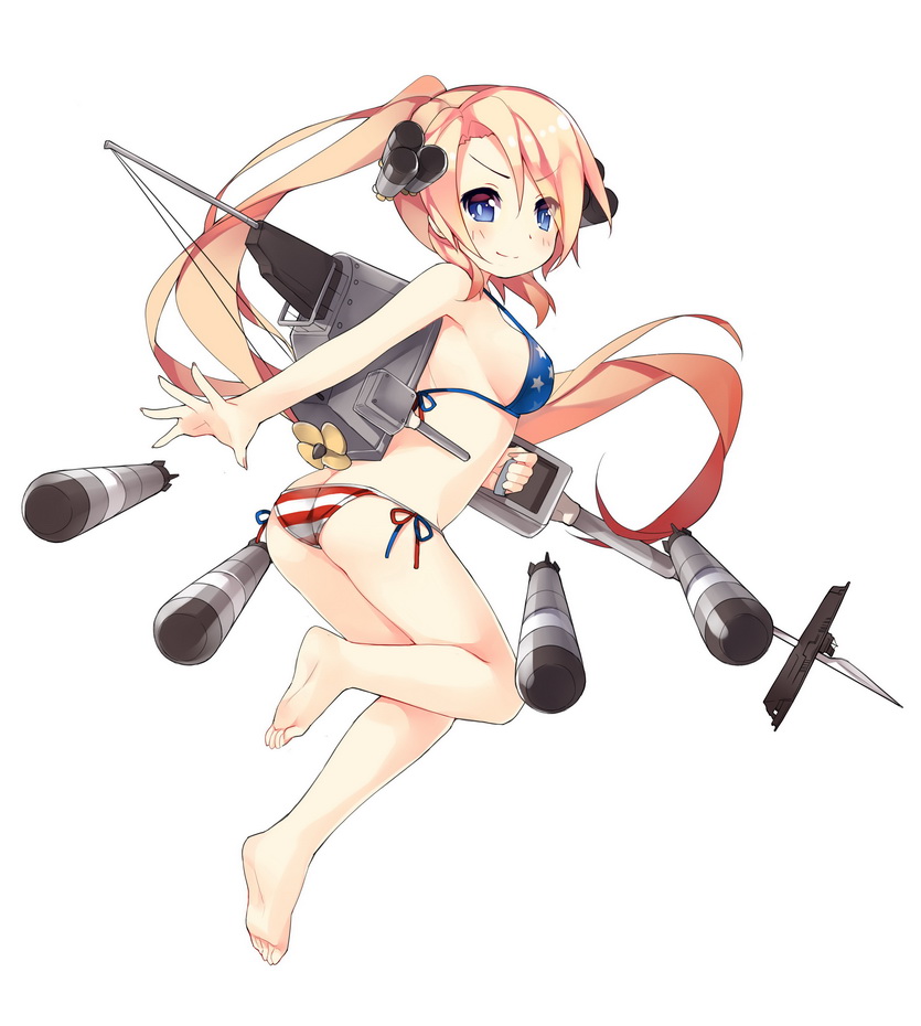 1girl american_flag american_flag_bikini american_flag_print archerfish_(warship_girls_r) ass barefoot bikini blonde_hair blue_eyes blush breasts butt_crack feet female_focus flag_print flag_print_bikini full_body high_ponytail large_breasts long_hair looking_at_viewer machinery original ponytail print_bikini saru side-tie_bikini_bottom sideboob simple_background smile solo swimsuit torpedo uss_archerfish_(ss-311) uss_archerfish_(zhan_jian_shao_nyu) warship_girls_r white_background