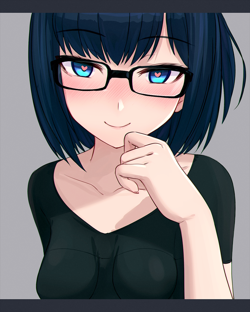 1girl a-chan_(hololive) bad_id bad_nicoseiga_id blue_eyes blue_hair blush breasts closed_mouth collarbone female_focus glasses grey_background heart heart-shaped_pupils hololive iwahana looking_at_viewer medium_breasts short_hair smile solo symbol-shaped_pupils upper_body virtual_youtuber