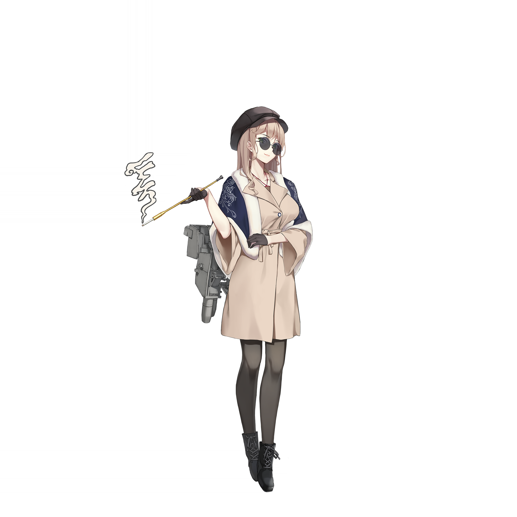 black_footwear black_gloves black_hat blonde_hair blue_capelet capelet cigarette_holder coat fur-trimmed_capelet fur_trim gloves green_eyes hat highres long_hair looking_at_viewer missouri_(warship_girls_r) official_alternate_costume official_art pantyhose smile sunglasses transparent_background warship_girls_r zi_se