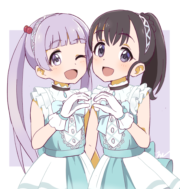 2girls :d ;d aayh alternate_eye_color alternate_hair_color black_hair blue_dress blush commentary_request dress fukuyama_mai gloves hair_bobbles hair_ornament hand_up idolmaster idolmaster_cinderella_girls long_hair looking_at_viewer multiple_girls one_eye_closed open_mouth pleated_skirt ponytail purple_background purple_eyes purple_hair showgirl_skirt signature skirt sleeveless sleeveless_dress smile two-tone_background very_long_hair white_background white_gloves white_skirt yokoyama_chika