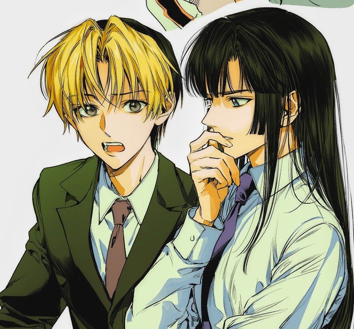 2boys bishounen black_hair blonde_hair blue_eyes brown_eyes collared_shirt green_jacket hikaru_no_go jacket long_hair m_m_pb male_focus multicolored_hair multiple_boys necktie purple_necktie red_necktie shindou_hikaru shirt simple_background touya_akira upper_body white_shirt