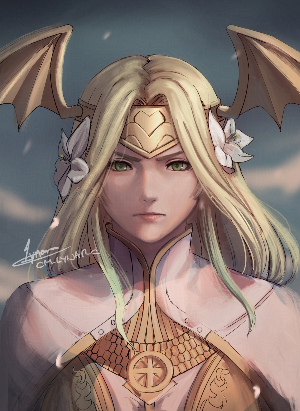 1girl artist_name cherry_blossoms closed_mouth fire_emblem fire_emblem:_three_houses flower forehead_protector green_eyes green_hair hair_flower hair_ornament helmet highres lips long_hair looking_at_viewer lynarc nintendo seiros_(fire_emblem) serious signature sketch solo upper_body winged_hair_ornament winged_helmet