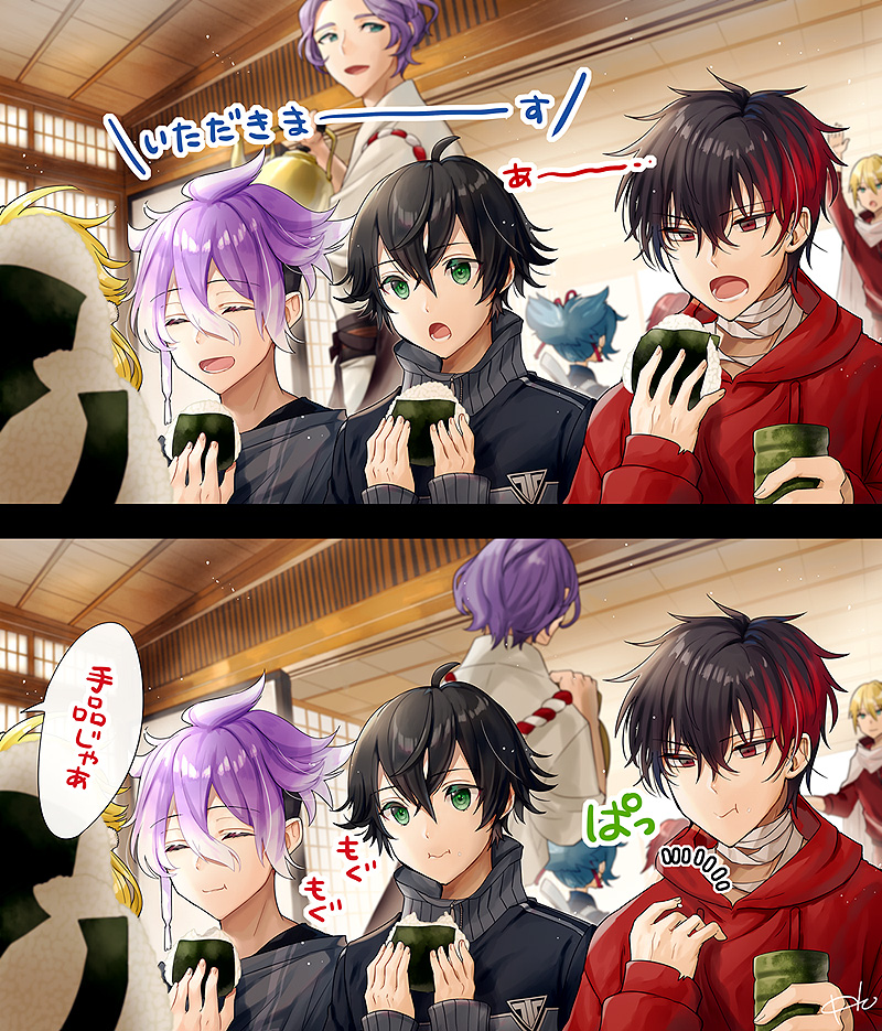 6+boys :i :t ^_^ ahoge black_hair blonde_hair blue_hair closed_eyes cup eating food green_eyes hizen_tadahiro hood hoodie houhou_(black_lack) jacket japanese_clothes kasen_kanesada kettle male_focus minamoto_kiyomaro multicolored_hair multiple_boys onigiri open_mouth purple_hair red_eyes red_hair sayo_samonji shishiou_(touken_ranbu) smile suishinshi_masahide touken_ranbu track_jacket translation_request two-tone_hair yamanbagiri_kunihiro yunomi