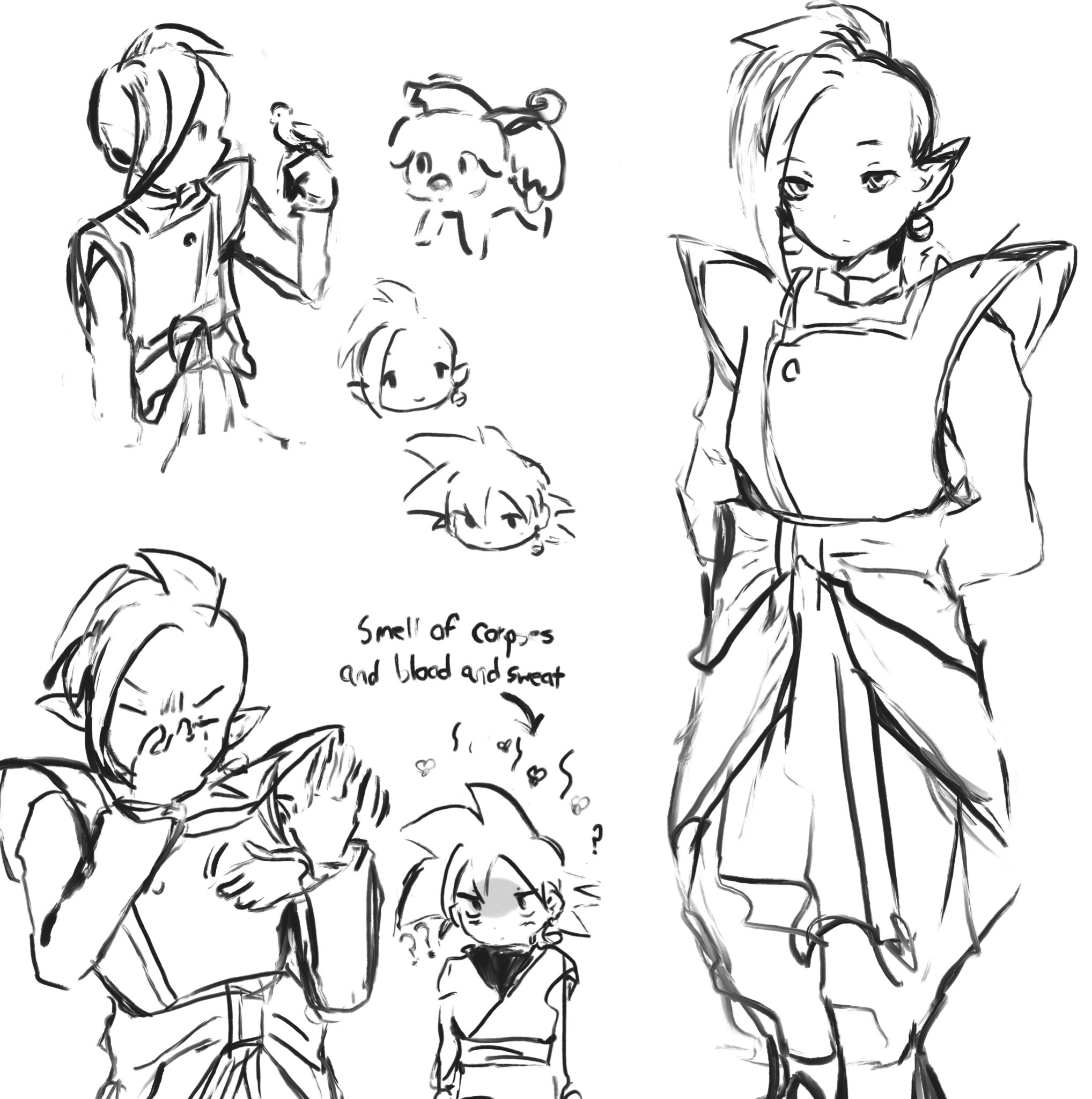 2boys ? arms_at_sides arms_behind_back bird bird_on_hand bodysuit boots chibi chibi_inset dougi dragon_ball dragon_ball_super earrings empty_eyes english_text flies goku_black greyscale highres jewelry kikuomiku7 long_sleeves mohawk monochrome multiple_boys multiple_views pants pig pinching_nose pointy_ears potara_earrings saiyan sash shirt short_hair sketch spiked_hair waving_hand white_background winged_animal winged_pig zamasu