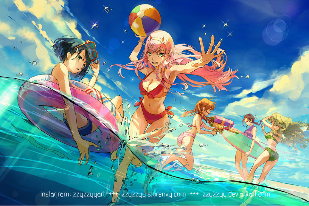 5girls :d arms_up ass ball beachball bikini black_hair blue_bikini blue_sky bracelet braid breasts brown_hair bubble character_request check_character cleavage cloud commentary darling_in_the_franxx day deviantart_username dutch_angle english_commentary floating_hair glasses green_bikini green_eyes hairband halterneck hand_up holding holding_ball holding_surfboard holding_water_gun horns ichigo_(darling_in_the_franxx) ikuno_(darling_in_the_franxx) innertube instagram_username jewelry lens_flare long_hair looking_at_viewer medium_breasts miku_(darling_in_the_franxx) multiple_girls navel ocean one-piece_swimsuit oni_horns open_mouth outdoors partially_submerged partially_underwater_shot pink_bikini pink_hair purple_one-piece_swimsuit red-framed_eyewear red_bikini red_horns short_hair sky smile splashing stomach striped_bikini striped_clothes super_soaker surfboard swim_ring swimsuit teeth underwater wading water water_drop water_gun watermark web_address white_hairband wind zero_two_(darling_in_the_franxx) zzyzzyy