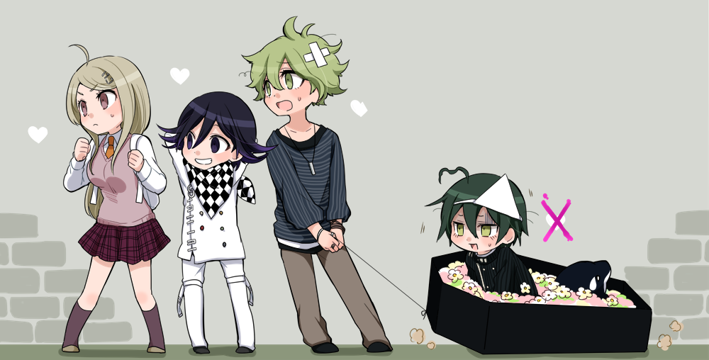 1girl 3boys ahoge akamatsu_kaede amami_rantaro antenna_hair aqua_hair arms_behind_head backpack bag bandaid bandaid_on_head belt belt_buckle black_footwear black_jacket black_scarf black_sleeves blonde_hair blue_shirt blue_sleeves brick_wall brown_bracelet brown_footwear brown_pants buckle buttons chain checkered_clothes checkered_scarf clenched_hands closed_mouth coffin collarbone collared_jacket collared_shirt crossed_bandaids danganronpa_(series) danganronpa_v3:_killing_harmony double-breasted dragging eyelashes fighting_stance flower fortissimo full_body green_eyes green_hair grin hair_between_eyes hair_ornament heart high_collar holding holding_string jacket jewelry kneehighs knees light_blush light_frown long_hair long_sleeves looking_ahead medetai miniskirt motion_lines multiple_boys musical_note musical_note_hair_ornament necktie oma_kokichi open_belt open_mouth orange_necktie pants pendant pink_vest pinstripe_jacket pinstripe_pattern plaid_clothes plaid_skirt pleated_skirt purple_eyes purple_hair purple_skirt purple_socks saihara_shuichi scarf shirt shoes short_hair skirt smile socks standing string striped_clothes striped_shirt sweatdrop thigh_belt thigh_strap triangular_headpiece two-tone_scarf v-shaped_eyebrows vertical-striped_sleeves vest white_bag white_belt white_flower white_jacket white_pants white_scarf white_shirt white_sleeves white_undershirt