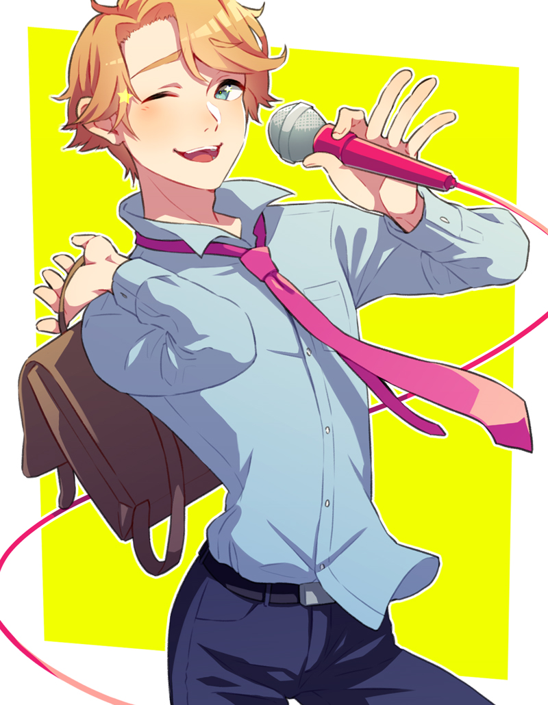 1boy adam&#039;s_apple belt bishounen black_belt blue_pants blue_shirt breast_pocket brown_bag brown_hair buttons cowboy_shot friday_night_funkin&#039; holding holding_microphone looking_at_viewer male_focus microphone necktie one_eye_closed open_mouth pants pink_necktie pocket senpai_(friday_night_funkin&#039;) shifumame shirt short_hair star_(symbol)