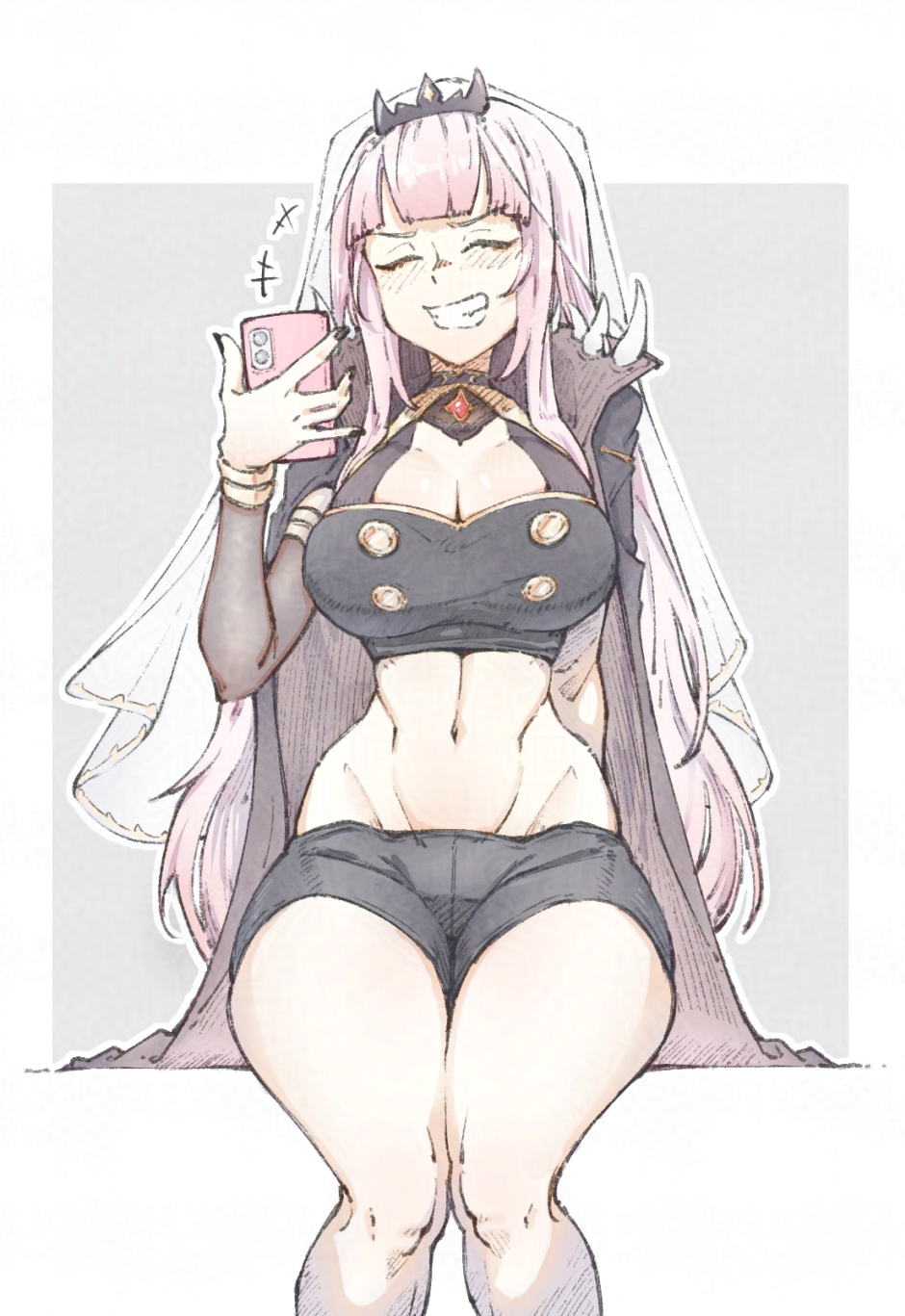 1girl black_cape black_shirt black_shorts breasts cape cellphone cleavage closed_eyes crop_top grin highres holding holding_phone hololive hololive_english igalimax large_breasts long_hair mori_calliope mori_calliope_(1st_costume) navel phone pink_hair see-through_clothes see-through_veil shirt short_shorts shorts smartphone smile solo spiked_cape teeth tiara veil virtual_youtuber