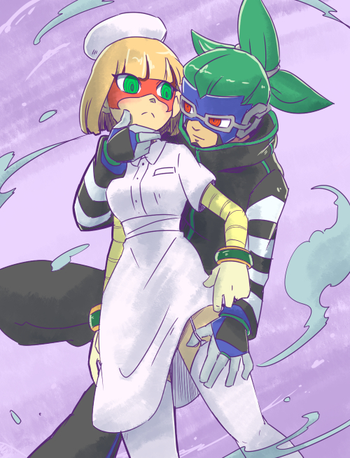 1boy 1girl alternate_costume arms_(game) blonde_hair blunt_bangs blush bracelet domino_mask dress garter_straps grabbing_from_behind green_eyes green_hair hat hetero hitohito jewelry mask min_min_(arms) ninjara_(arms) nintendo nurse nurse_cap purple_background red_eyes short_hair thighhighs
