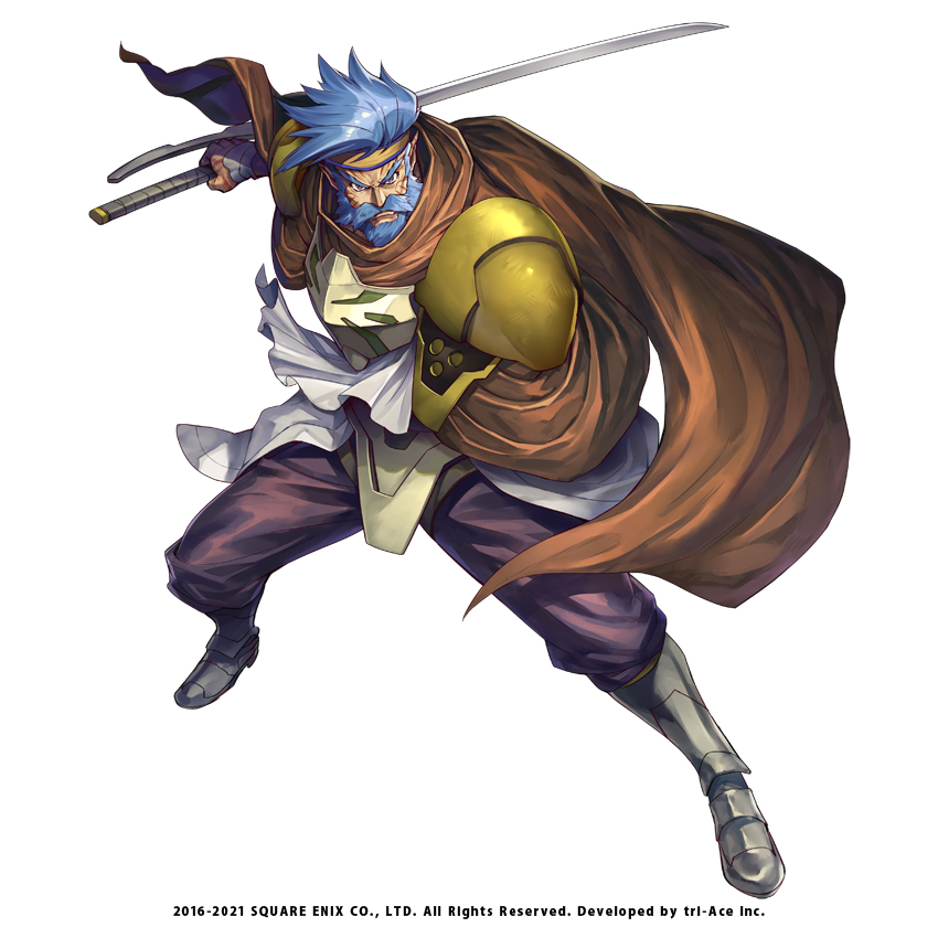 1boy armor ashlay_bernbeldt beard blue_facial_hair blue_hair bracer breastplate closed_mouth commentary_request copyright_notice facial_hair fighting_stance fronk full_body furrowed_brow grey_eyes grey_footwear holding holding_sword holding_weapon katana kijimoto_yuuhi male_focus mustache official_art orange_cloak pants pauldrons purple_pants sabaton shirt short_hair shoulder_armor simple_background solo star_ocean star_ocean_anamnesis sword thick_eyebrows thick_mustache v-shaped_eyebrows weapon white_background white_shirt wrinkled_skin
