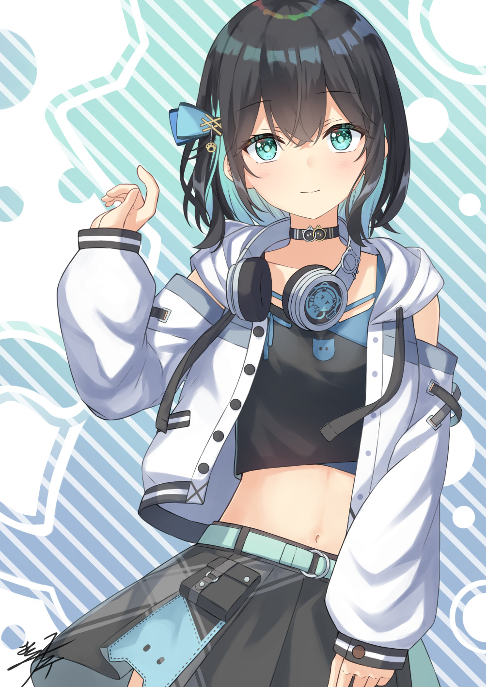 1girl bad_id bad_pixiv_id belt black_choker black_hair black_shirt black_skirt blue_eyes blue_hair choker closed_mouth colored_inner_hair cowboy_shot crop_top detached_sleeves hair_ribbon hand_up headphones headphones_around_neck highres jacket long_sleeves looking_at_viewer midriff miko_fly miyamai_moca multicolored_hair navel open_clothes open_jacket pleated_skirt ribbon shirt short_hair shoulder_peek skirt sleeveless sleeveless_shirt smile solo standing stomach two-tone_hair voicepeak white_jacket