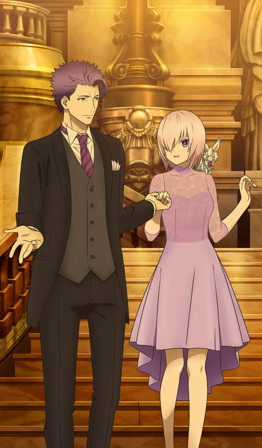 1boy 1girl black_jacket black_pants black_suit breasts buttons cleavage collared_shirt commentary creature creature_on_shoulder diagonal-striped_clothes diagonal-striped_necktie dress dress_pants dress_shirt fate/grand_order fate_(series) feet_out_of_frame formal_clothes fou_(fate) grey_vest hair_over_one_eye height_difference high-low_dress high_collar holding_hands jacket lancelot_(fate/grand_order) lapels long_sleeves mandarin_collar mash_kyrielight medium_breasts necktie official_alternate_costume official_art on_shoulder one_eye_covered orange_background pants pink_hair purple_dress purple_eyes purple_hair purple_necktie see-through_cleavage see-through_clothes see-through_dress shirt shiwasu_takashi short_hair stairs striped_clothes suit suit_jacket third-party_source three-quarter_sleeves vest waistcoat white_shirt wing_collar wingtip_collar